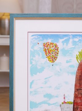 Rámování obrazu Tomáše Bíma Balónky do tyrkysového rámu s patinou