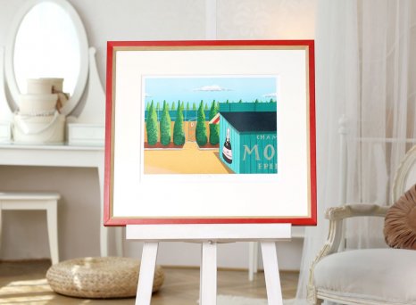 Litografie Moet Tomáše Bíma v červeném patinovaném rámu s krémovou vnitřní linkou, světlou muzeální paspartou a antireflexním sklem