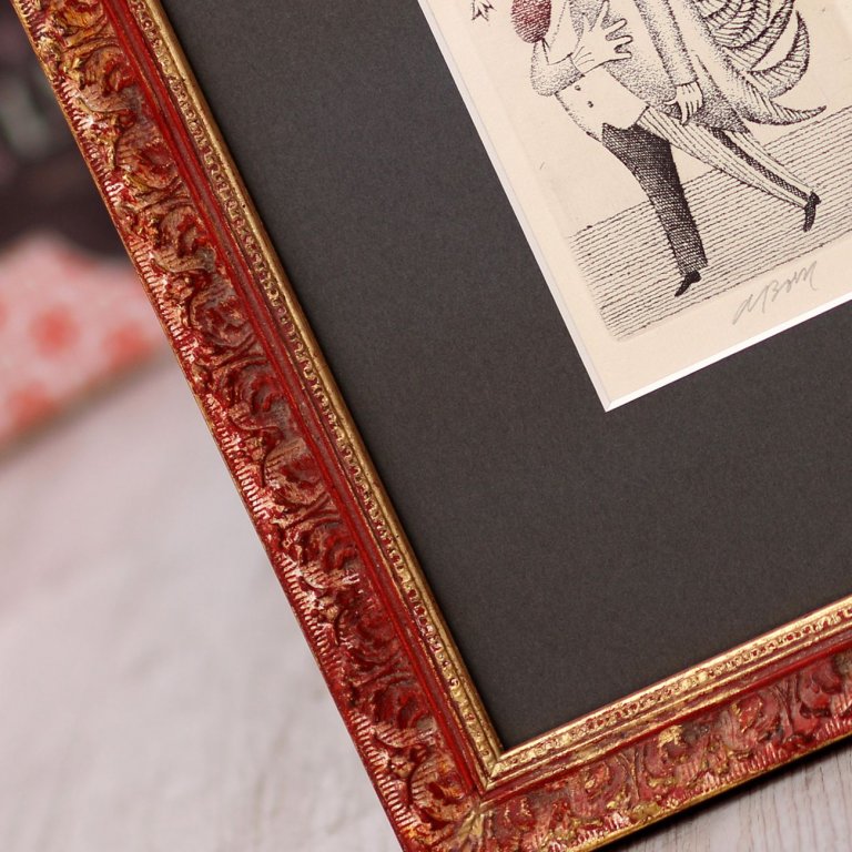 Rámování tisku Adolfa Borna do červeného rámu a hnědé pasparty