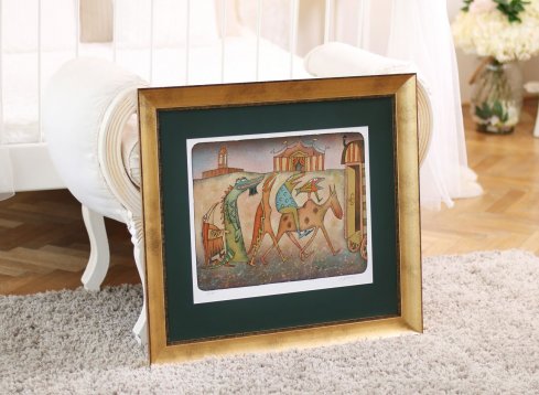 Rámování Litografie Adolfa Borna Konec představení do klasického zlatého rámu tvaru oblouku s patinou