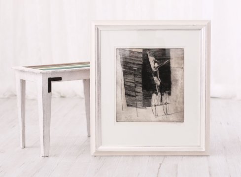 Rámování leptu František Burant do italského bílo stříbrného rámu