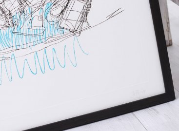 Nákres Guggenheimova Muzea od Franka Gehryho má černý dubový rám a muzeální rámování