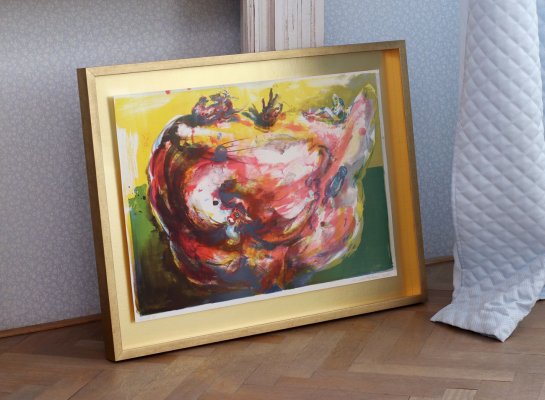 Výrazné zakázkové rámování litografie M. Rittsteina Slepice do zlaté pasparty a zlatého vysokého vitrínového rámu