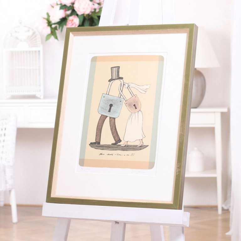 Rámování barevné litografie Jiří Slíva, Svatební zámky v jemných pastelových tónech