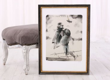 Litografie Jo, to jsem ještě žil Jiřího Suchého zarámovaná bez pasparty v černém rámu se zlatou linkou