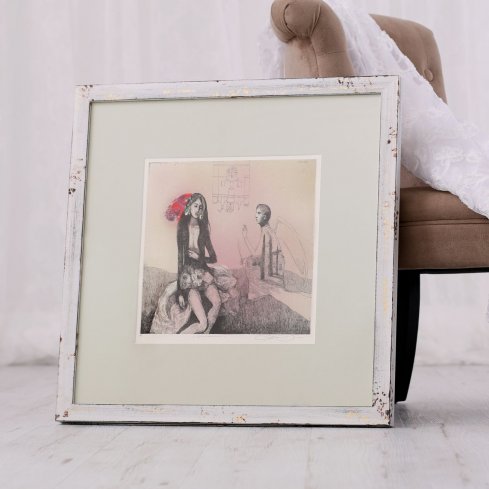 Bílý shabby chic rám na grafiku Katarína Vavrová, Zvestovanie