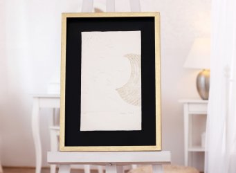 Prostorové 3D rámování reliéfního tisku Sblížení Olbrama Zoubka do zlato černé kombinace rámu a pasparty