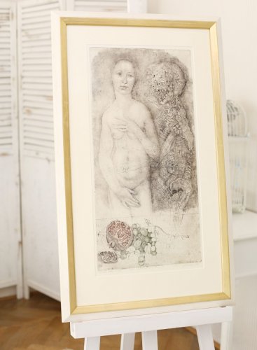 Zakázkové rámování obrazu Jiří Anderle Dívka a smrt do elgenatního rámu, archivální pasparty a antireflexního skla