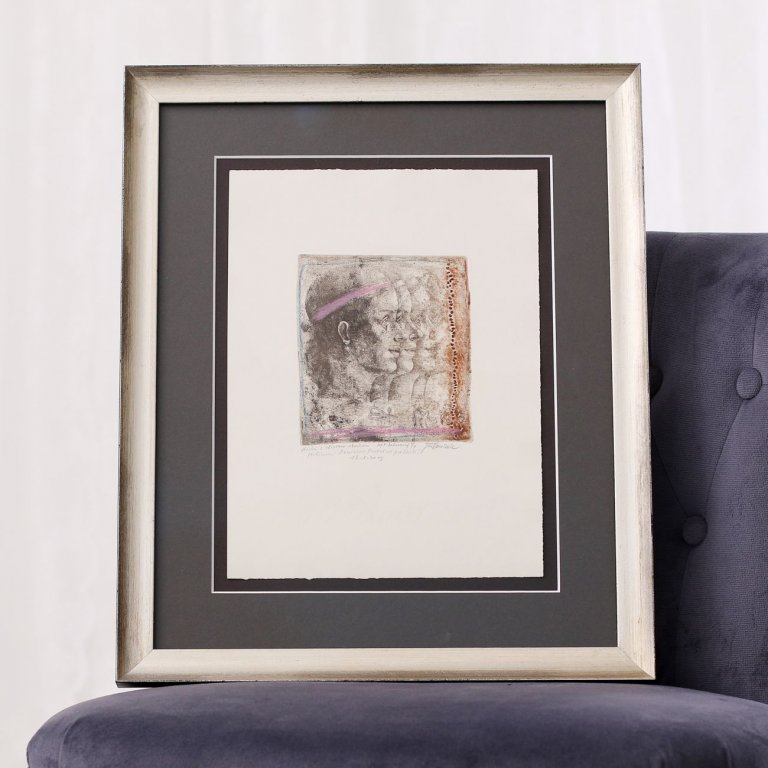 Rámování leptu Jiří Anderle Dívka se stuhou s dvojitou paspartou a stříbrným rámem