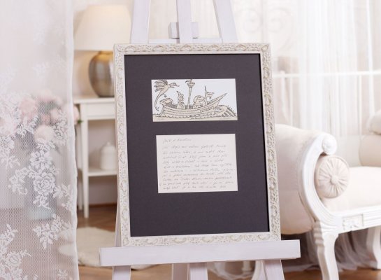 Oboustranné rámovaní dopisu a obrazu Adolfa Borna do bílého rámu a hnědé pasparty - přední strana