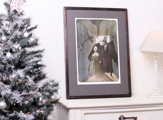 Litografie E.A.Poe Adolfa Borna v luxusní rámování v tenkém subtilním rámečku z oxidovaného pravého stříbra