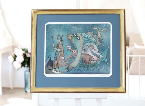 Luxusní rámování litografie Jonáš Adolfa Borna do modelového rámu vypracovanému do obloučku z pravého zlata