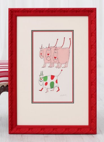 Malá litografie Adolfa Borna se čtyřmi alegorickými zvířaty a názvem Lidé bděte v červeném ornamentálním rámu a třech paspartách položených přes sebe a vytvářející barevné ohraničení obrázku