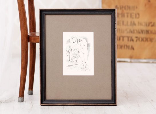 Muzeální rámování Ex libris Karel Pavelka Cyrila Boudy do dřevěného rámu a hnědé pasparty