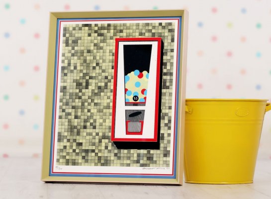 Serigrafie Bällebad od Rudolfa Fitze paspartovaná do dvou nezvykle tenkých barevných paspart a rámovaná v moderním rámu z lipového dřeva.