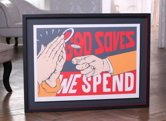 Prostorové rámování obrazu God saves Pasty Onera s černým rámem a červenými detaily v rámu 