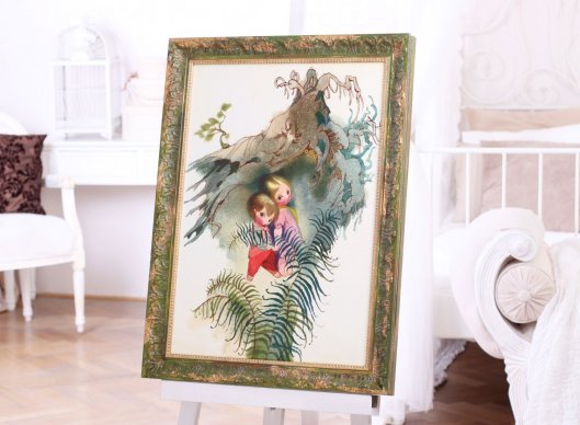 Plakát Jiří Trnka Perníková chaloupka zalaminovaný a zarámovaný do hravého zeleného rámu do dětského pokojíku