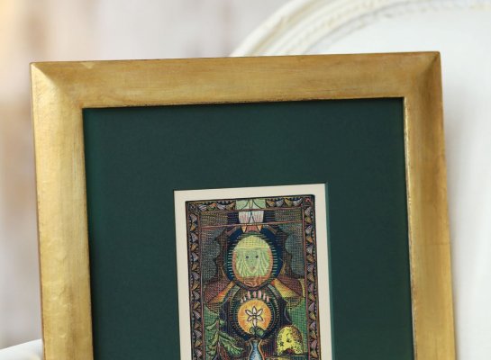 Kvalitní tamovozelená muzeální pasparta na dřevorytu Josefa Váchala Mír neděl se zlaceným rámem