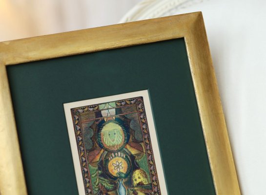 Detail rámování Josef Váchal Mír Neděl se zelenou muzeální paspartou