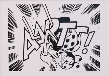 Vladimír 518,  Aartt!, 2014, sítotisk, 50 x 35cm, černobílý tisk s mravencem Ferdou a komiksovým nápisem Aartt!