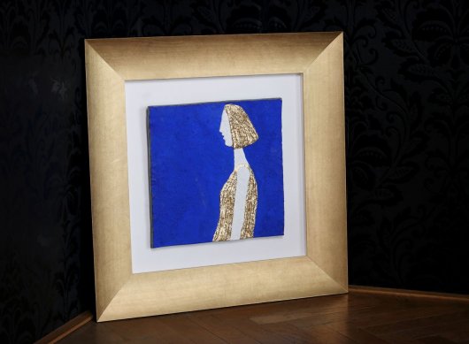 Moderní designové rámování cínového reliéfu Olbrama Zoubka - hlava ženy