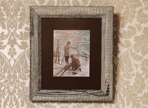 Zelený kartáčovaný smrkový rám s výraznými léty na šumavský linoryt