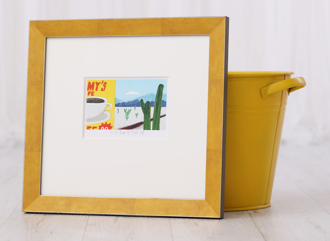 Barevné rámování litografie Tomáš Bím Kaktusy se žlutým rámem | © Frame-it.cz