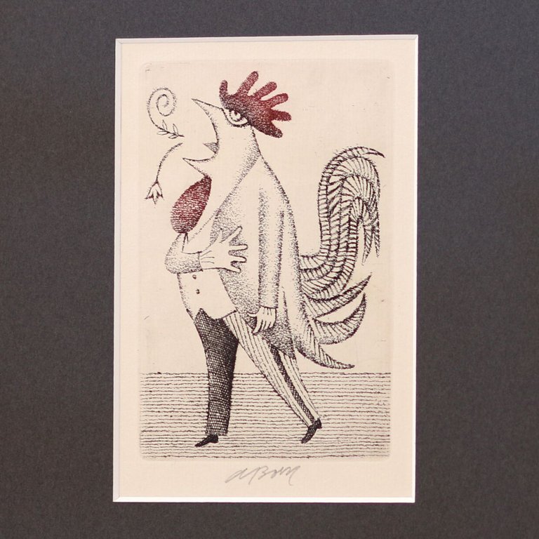 Lept Adolfa Borna Červený kohout v šedo-hnědé muzeální paspartě 