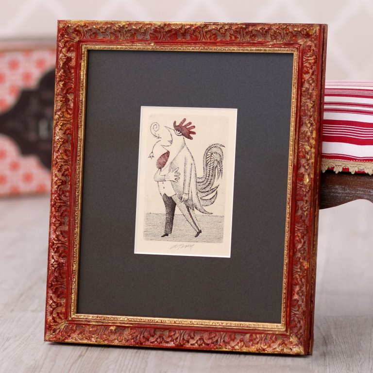 Neobvyklý barevný ornamentální rám s tmavou paspartou pro lept Adolfa Borna Červený kohout