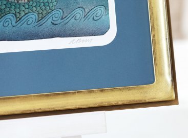 Modelový zakázkově zlacený rám a modrá pasparta s obloukovým výřezem pro obraz Adolfa Borna Jonáš