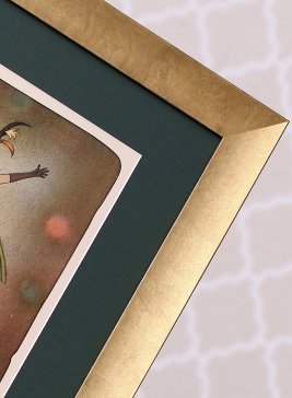 Krásný kontrast moderního zlatého rámu se zelenou paspartou s litografií Adolf Born