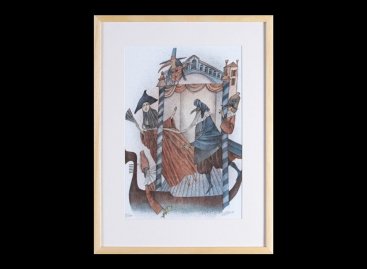 Litografie Adolfa Borna Námluvy na gondole v původním dřevěném rámečku a bílé paspartě