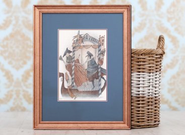 Litografie Adolfa Borna Námluvy na gondole v moderním měděném rámu se dvěma barevnými paspartami