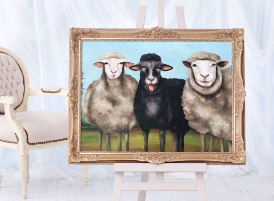 Obraz tří ovcí Leah Saulnier v ručně vyrobeném zlaceném blondelovém rámu tradičního českého stylu