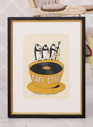 Rámování obrazu Jiří Slíva Café Cool bez pasparty do černo rámu se zlatou linkou a distanční vložkou