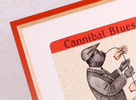Neobvyklý hravý rám v červených tónech s krémovou vnitřní hranou na litografii Jiřího Slívy Cannibal Blues