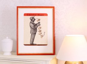 Rámování litografie Jiří Slíva Cannibal Blues do hravého červeného rámu bez pasparty v interiéru v Praze 7