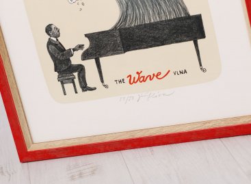 Grafika Vlna Wave Jiřího Slívy v červeném rámu s bílou filetou