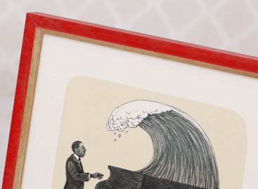 Grafika Vlna Wave Jiřího Slívy v červeném rámu s patinou bez paspartování