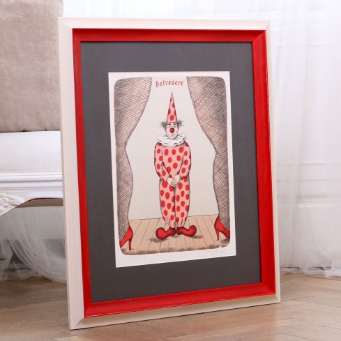 Hravě zarámovaná litografie Jiřího Slívy Belvedere v dřevěném rámu v červeno bílé barvě