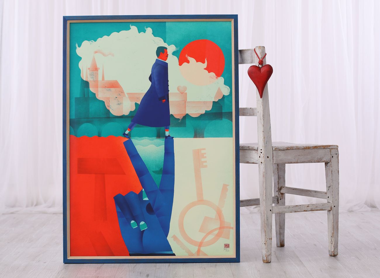 Hravé rámování plakátu Havel od Tomski&Polanski do modrého rámu bez pasparty a s muzeálním sklem | © Frame-it.cz