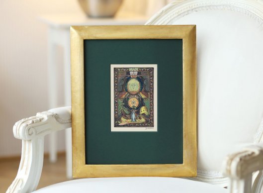 Luxusní rámování dřevorytu Josefa Váchala Mír neděl do zakázkově vyrobeného rámu, muzeální pasparty a muzeálního skla