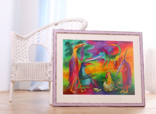  Dětský pastel na papíře ve fialovém rámu