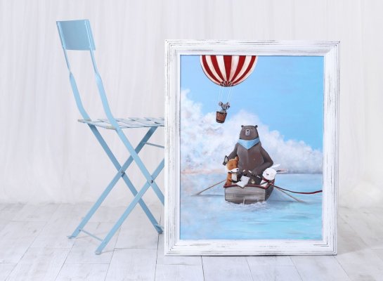 Bílý patiovaný rám na reprodukci dětské knižní ilustrace Wish