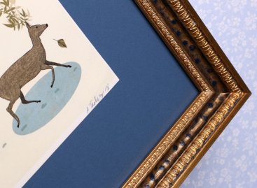 Rámování a paspartování Ilustrace Andrea Tachezy do zlatého rámu a modré pasparty