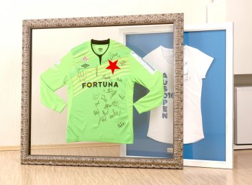 Brankářský fotbalový dres Slavia Praha mezi dvě skla