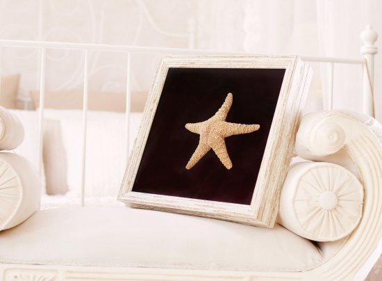 Mořská hvězdice zarámovaná v bílém shabby chic 3D rámu na černém podkladu
