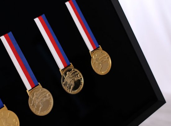 Sada fotbalových medailí Gambrinus ligy je zarámovaná v hlubokém černém rámu na černém sametu