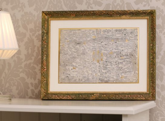 Rámování historické mapy Palestiny do neobvyklého zeleného ornamentálního rámu