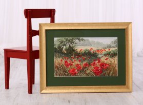 Rámování křížkové výšivky Vlčí máky se zlatým rámem a zelenou paspartou